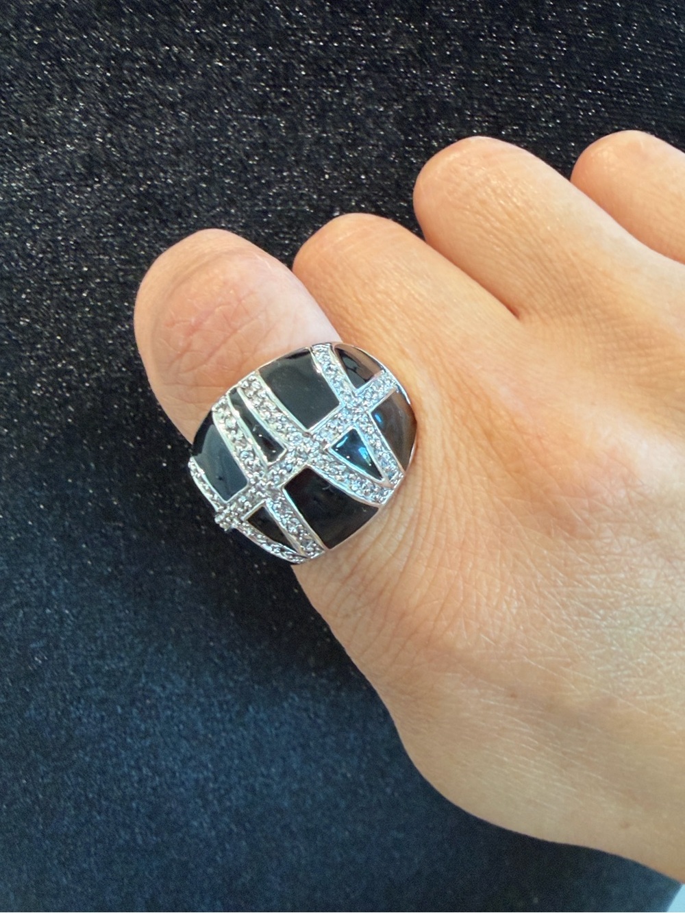 Silver-tone Black Enamel and Crystal Statement Ring